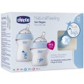 Chicco NaturalFeeling Zestaw do karmienia butelka 150ml 0m+ + butelka 250ml 2m+ + smoczek PhysioForma Comfort 0m+ Niebieski