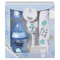 Tommee Tippee Baby Gifts butelka 150ml + smoczek do butelki 0m+ + smoczek Any Time 0-6m + liniak + zawieszka do smoczka