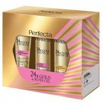Perfecta 24K Gold & Rose Oil peeling drobnoziarnisty 75g + tonik nawilżający 200ml + mleczko do demakijażu 200ml